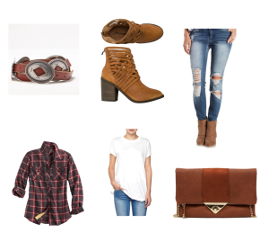 Brown suede strap ankle boots, belt with conches, white boyfriend tee shirt, flannel shirt and leather handbag