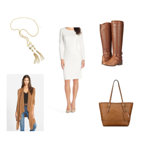 White long sleeve body con dress, camel cardigan, brown riding boots, brown purse, gold tassel necklace