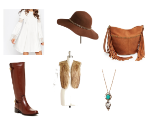 White ASOS dress, brown hat, brown suede fringe purse, brown riding boots, brown faux fur vest, turquoise necklace