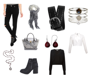 Black biker ankle boot, grey scarf, layered with button down white shirt and black cropped sweater, garnet earring and stoned bracelet and necklace